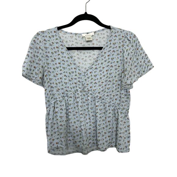 Urban Romantics Blouse Short Flutter Sleeve V-Neck Peplum Ruffled Floral Blue L - Picture 1 of 7